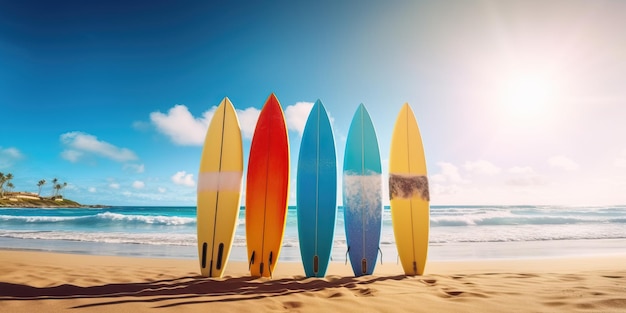 青と白の美しい夕日の時間に、パラダイスビーチのヤシの木にサーフボードが寄りかかる