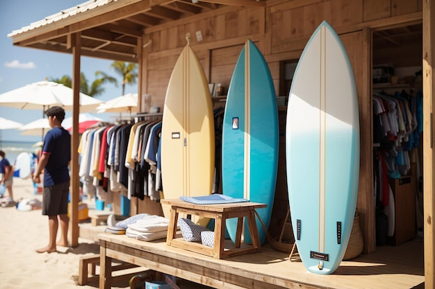 Photo surfboards lean on wooden wall on the beach