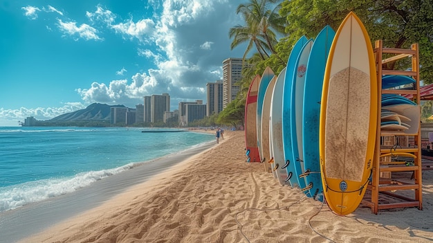 Photo surfboards lined up on the beach with honolulu and diamond head in the background