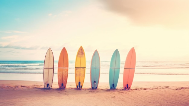 Доски для серфинга выстроились на пляже, за ними садится солнце.
