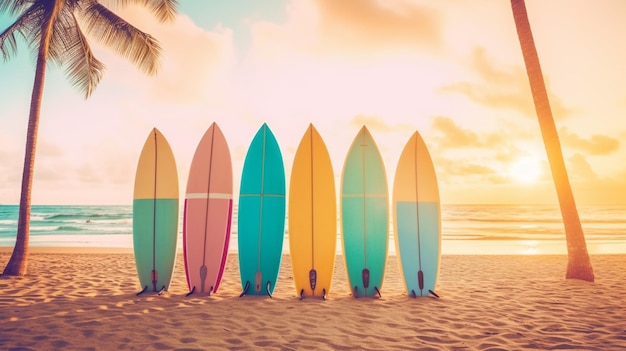 Surfboards lined up on a beach with a sunset in the background