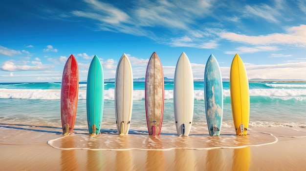 Foto surfboards op het strand bij zonsondergang