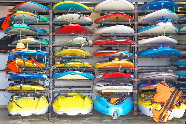 Surfboards on the rack Surfboard Rack in Surf Shop