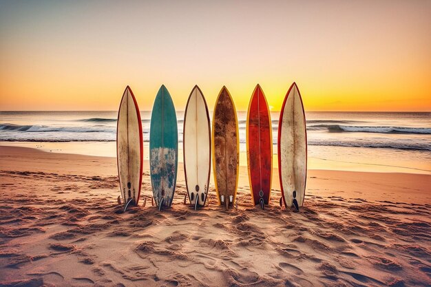 Surfboards in a row on the beach at sunset