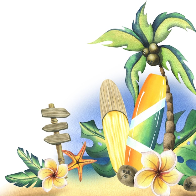 Surfboards on a sandy beach with palm trees tropical leaves coconuts plumeria flowers a wooden pointer and a starfish sea and sky Watercolor illustration from the SURFING collection