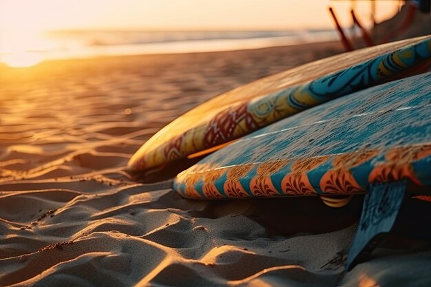 Surfboards on the sandy seashore where the golden sunset enveloped in its light Generative AI
