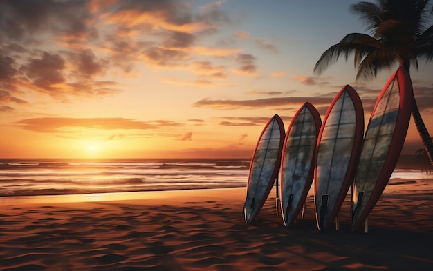 Surfboards standing on the beach AI