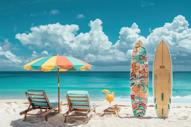 Foto tabelle da surf e ombrelli sulla spiaggia di sabbia