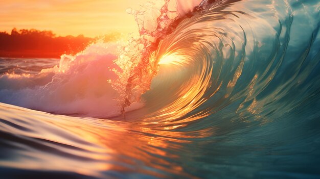 Surfen op de oceaangolf bij zonsondergang Prachtig landschap met blauwe oceaangolven