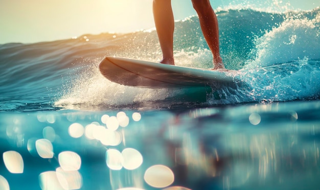 Surfer in action on the ocean wave at sunset