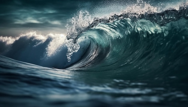Surfer berijdt majestueuze pijplijngolfspuitende bubbels gegenereerd door AI
