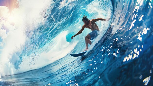Photo surfer on blue ocean wave getting barreled