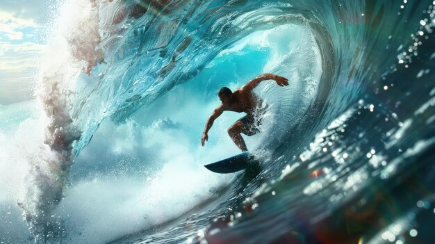 Surfer on Blue Ocean Wave Getting Barreled