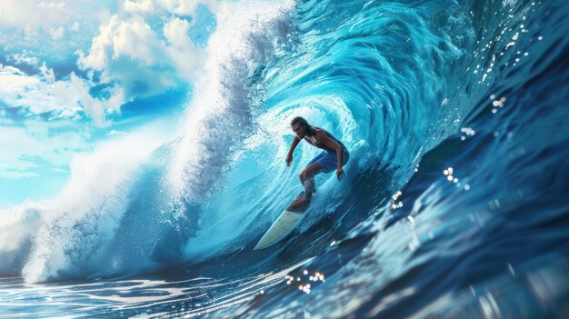 Photo surfer on blue ocean wave getting barreled