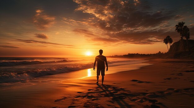 ビーチの夕日のサーファー少年のシルエット