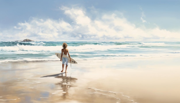 Surfer Boy Walking on the White Beach Sand