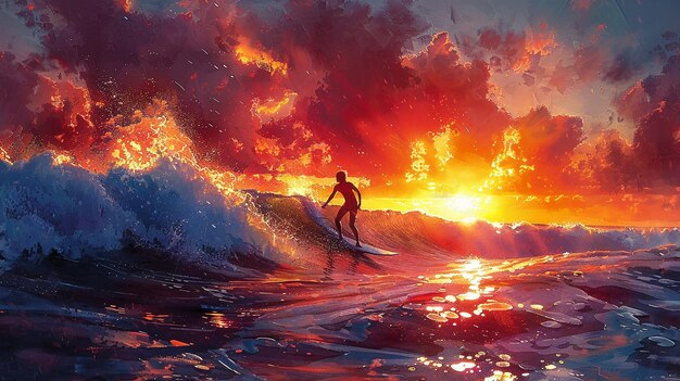 Surfer catching a wave at dawn