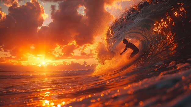 Photo surfer catching a wave at dawn