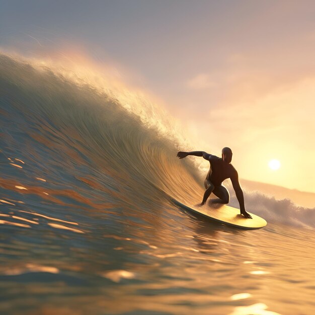 A surfer catching a wave at sunrise