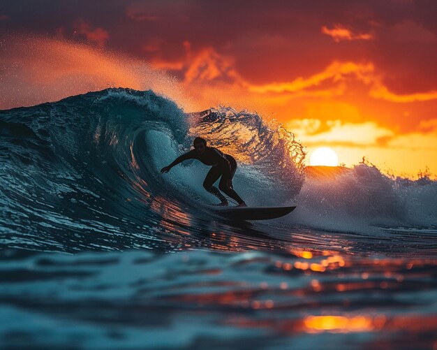 Foto surfista che cattura un'onda all'alba