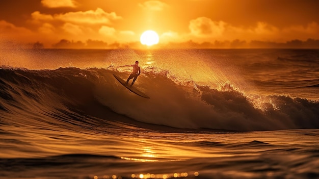 Surfer catching a wave at sunset with the sun setting behind him