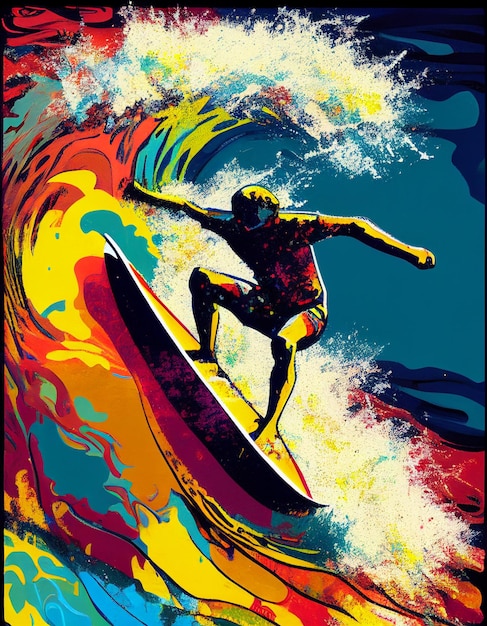 Surfer on a colorful wave in a blue sky with a black background generative ai