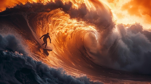 Surfer die op een torenhoge oceaangolf rijdt essentie van reizen en avontuur opwindende en dynamische fotorealisme stijl foto opwindende dynamische torenhuge AI Generatieve