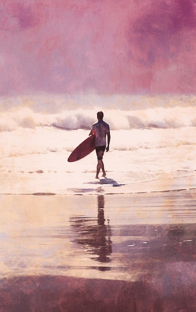 surfer die op het strand loopt met zijn surfplank in de hand generatieve ai