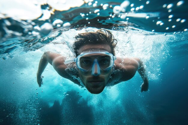波の下でダイビングするサーファー男の水中肖像画