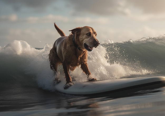 Surfer dog on a surfboard riding a wave in the ocean generative ai