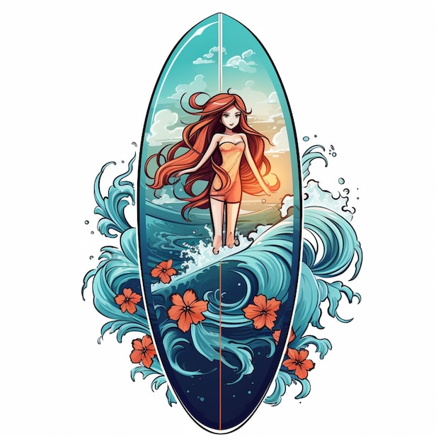 surfer girl with surfboard in the ocean with flowers generative ai