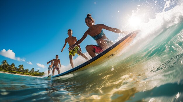 Surfer in de oceaan Surfer op surfplank op tropisch strand