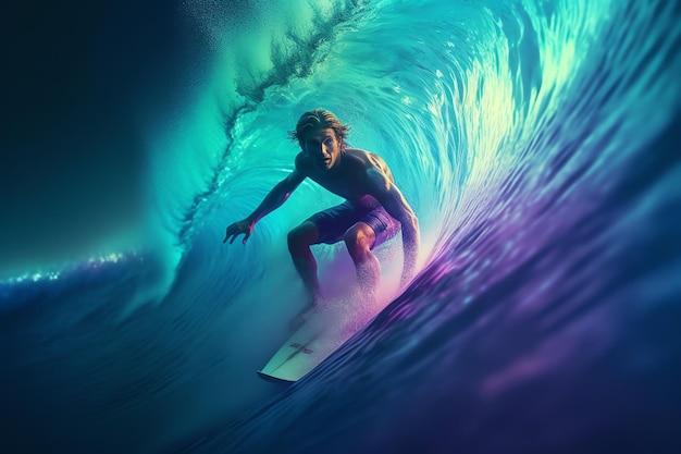 A surfer is riding a wave in a blue and purple photo.