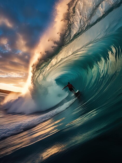 Photo a surfer is riding a wave in front of a sunset