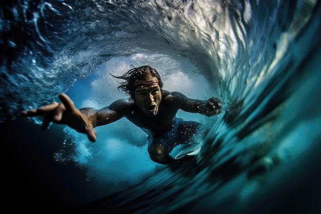 A surfer is seen under a wave that is about to fall into the water.