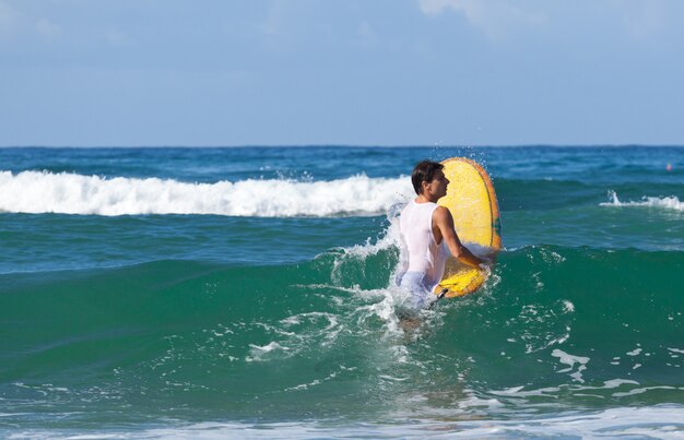 Surfer on longboard rides a wave in the sea