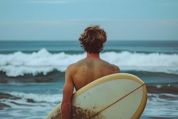 Foto il surfista guarda l'oceano mentre tiene la sua tavola da surf sulla spiaggia