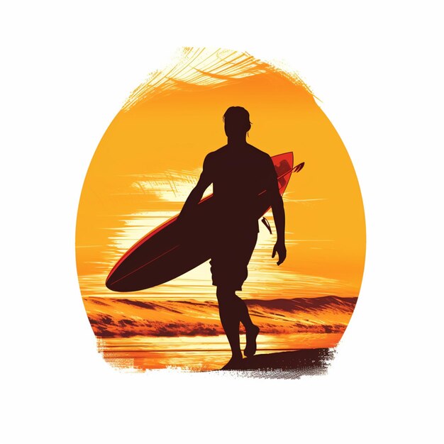 Foto surfer loopt op het strand bij zonsondergang met zijn board generatieve ai