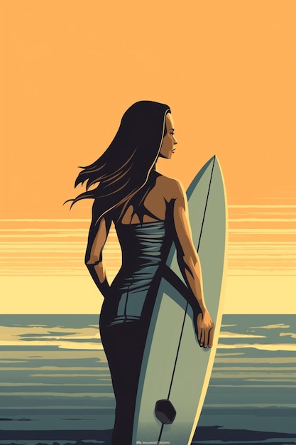 Surfer meisje in een zwarte jurk die op het strand staat met een surfboard generatieve ai