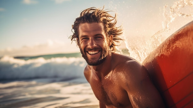Surfer met een plank geniet van zijn vakantie, heeft plezier in het water in de frisse lucht en ontspant