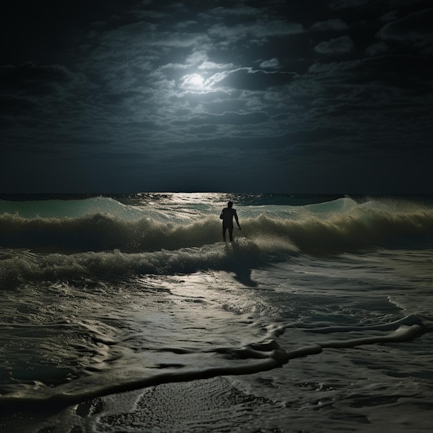 surfer in the ocean at night with full moon in background generative ai