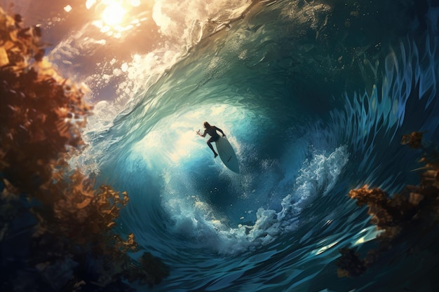 Surfer in ocean Surfer in ocean Surfer on wave An underwater perspective of a surfer riding a wave AI Generated