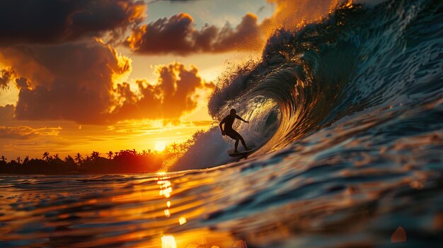 Foto surf sull'onda dell'oceano al tramonto surf sulla bellissima onda blu dell'oceana al tramonto