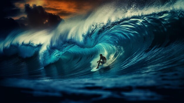 Surfer in ocean wave at sunset with AI generated