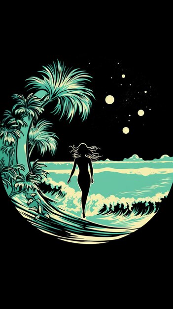 Photo surfer in the ocean with palm trees and moon in the sky generative ai