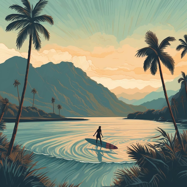 surfer on the ocean with palm trees and mountains in the background generative ai