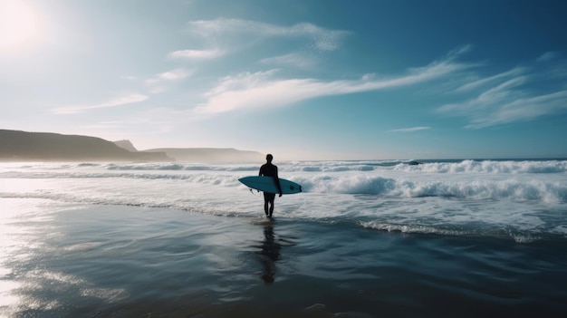 Surfer op oceaanachtergrond Illustratie AI GenerativexA