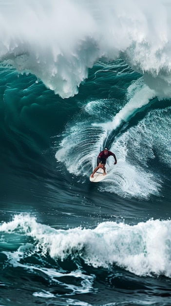 The surfer in a red wetsuit carves an elegant path along a massive green wave embodying the essence of surfings adventurous spirit