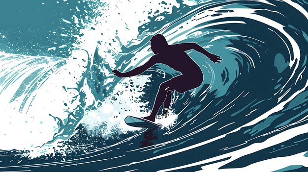 Surfer rides a big wave The ocean is depicted with a deep blue color The surfer is in a silhouette