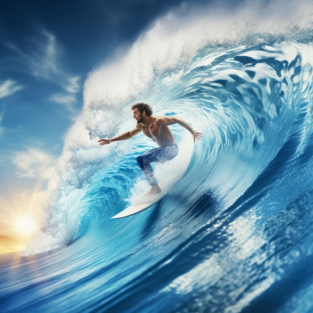 Photo surfer rides a big wave in the ocean